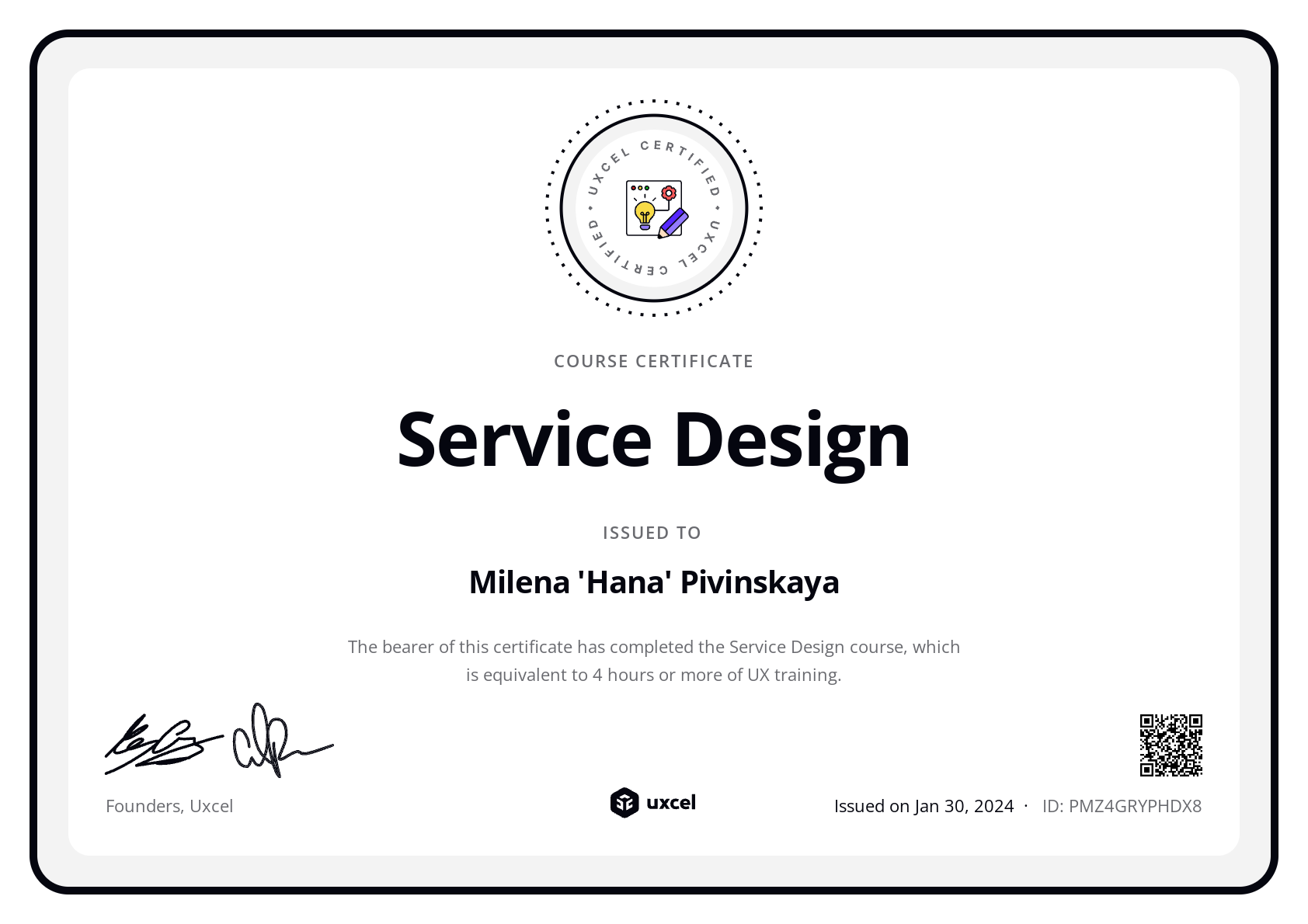 Milena 'Hana' Pivinskaya's certificate